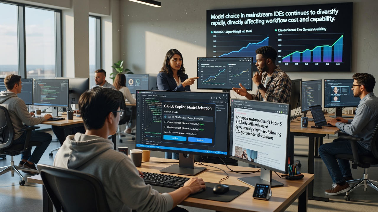 Screenshot of GitHub Copilot in VS Code displaying Kimi K2.7 Code and Claude Sonnet 5 as available AI coding models for selection