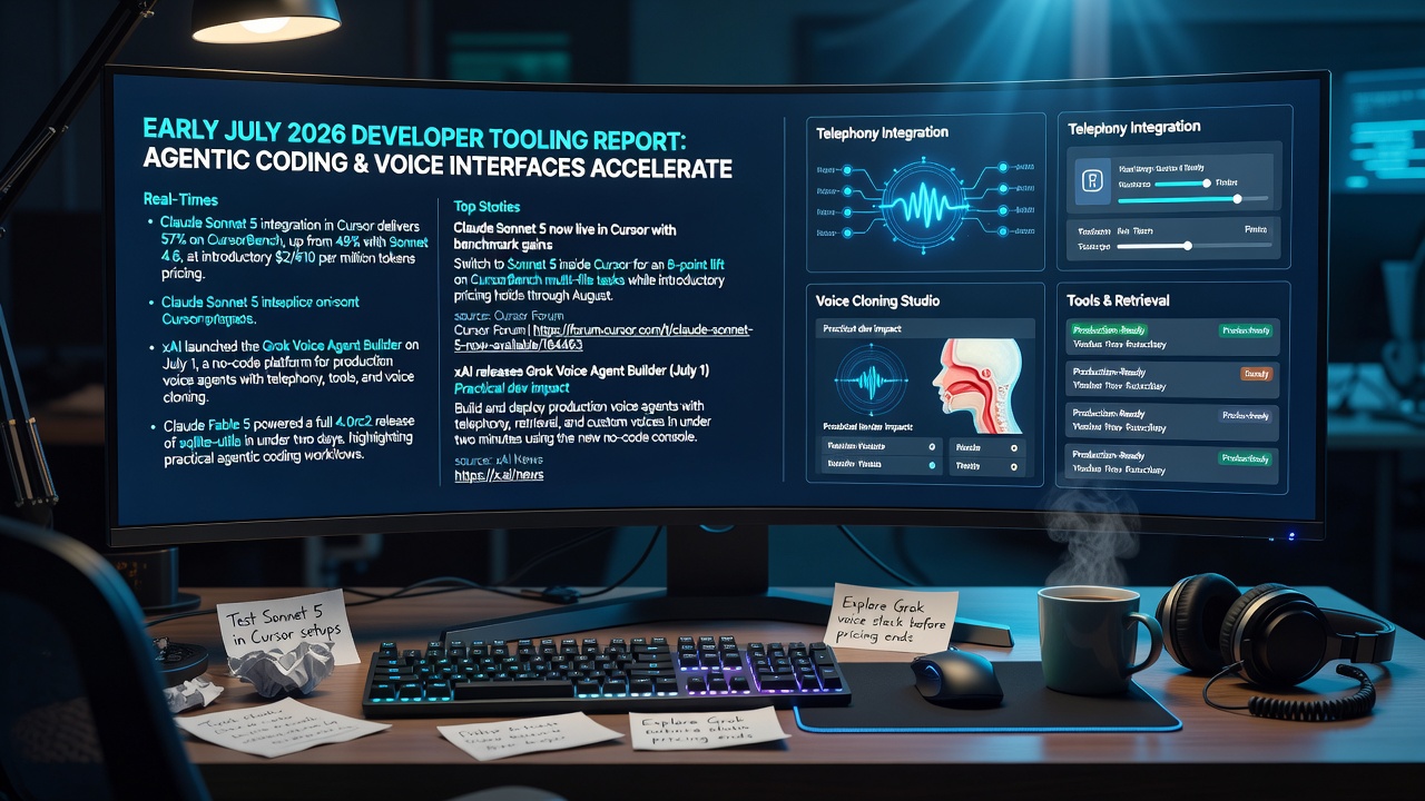 July 2026 AI updates: Claude Sonnet 5 hits 57% on CursorBench in Cursor, xAI Grok Voice Agent Builder released, and Claude Fable 5 powers sqlite-utils 4.0rc2