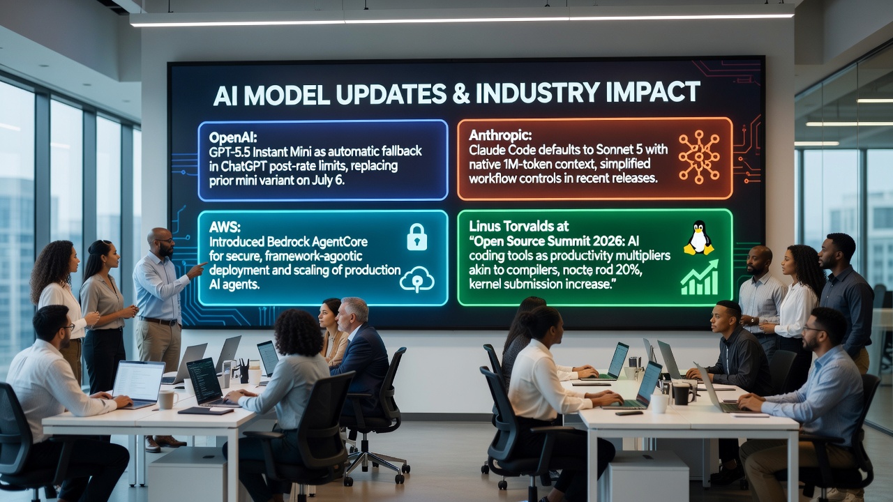 AI news graphic highlighting OpenAI GPT-5.5 rollout, Anthropic Claude updates, AWS Bedrock AgentCore, and Linus Torvalds comments on AI coding productivity in 2026.