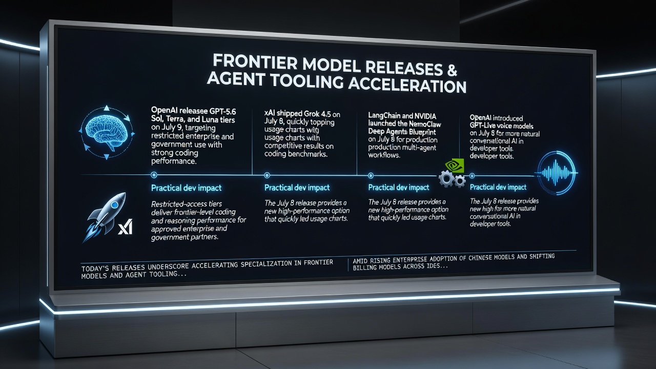 Illustration of recent AI releases including OpenAI GPT-5.6 tiers, xAI Grok 4.5, NemoClaw Deep Agents blueprint, and GPT-Live voice models in July 2026
