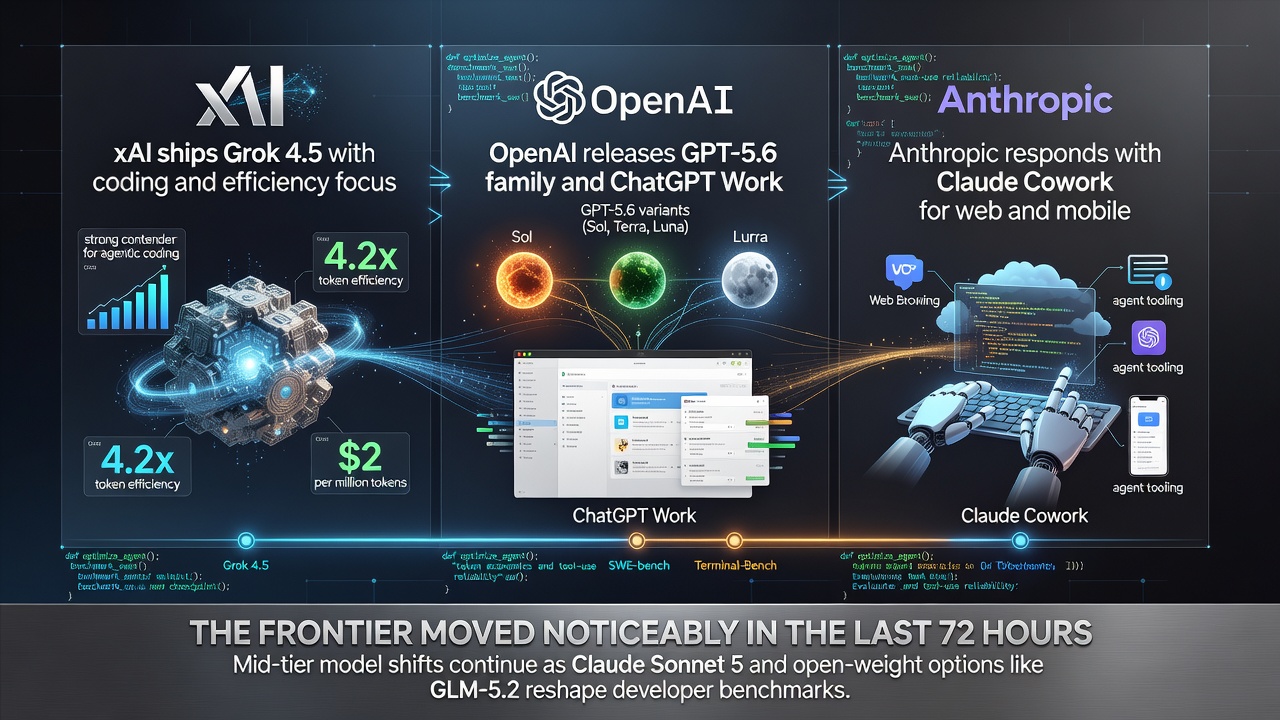 News graphic showing xAI Grok 4.5 coding focus, OpenAI GPT-5.6 variants with ChatGPT Work, and Anthropic Claude Cowork releases reshaping AI developer benchmarks and agentic workflows in July 2026