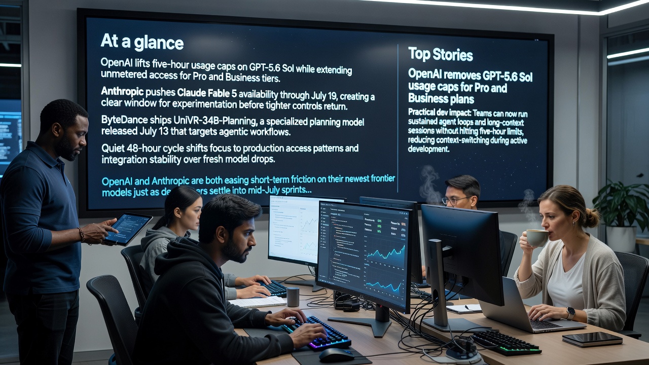 OpenAI lifts caps on GPT-5.6 Sol for Pro users while Anthropic extends Claude Fable 5 access and ByteDance ships UniVR-34B-Planning for agent workflows in the July 15 2026 AI Dev Pulse update