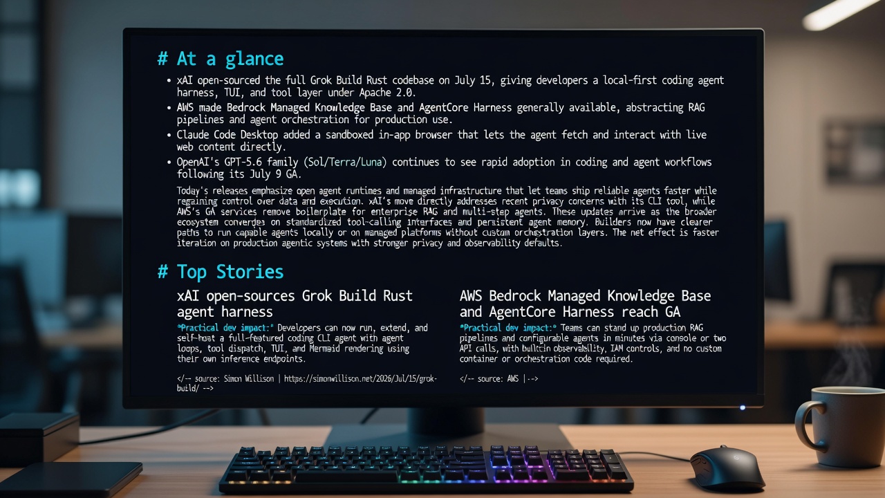 xAI open-sources Grok Build Rust codebase featuring a local-first coding agent harness, TUI, and tool layer under Apache 2.0, enabling self-hosted AI developer workflows alongside AWS Bedrock and Claude updates