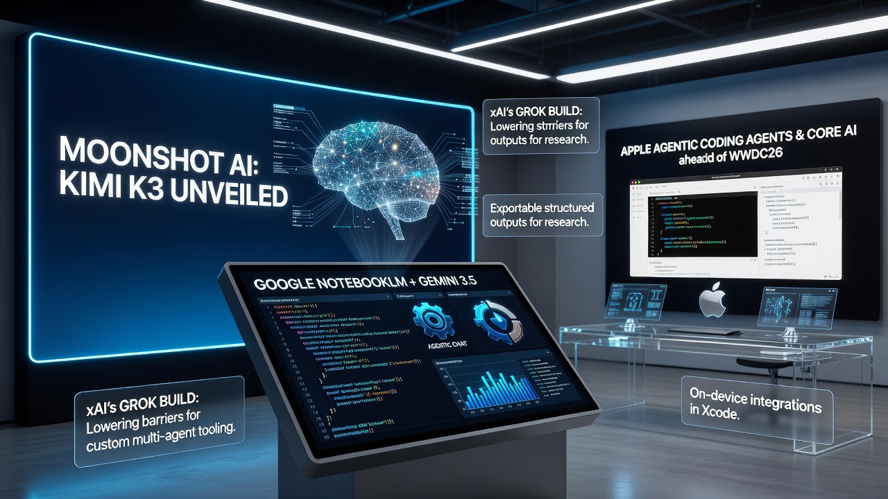 AI developer tools collage showing Moonshot Kimi K3, Google NotebookLM with Gemini 3.5, Apple Xcode agents, and open-sourced xAI Grok Build coding agent on a tech interface.