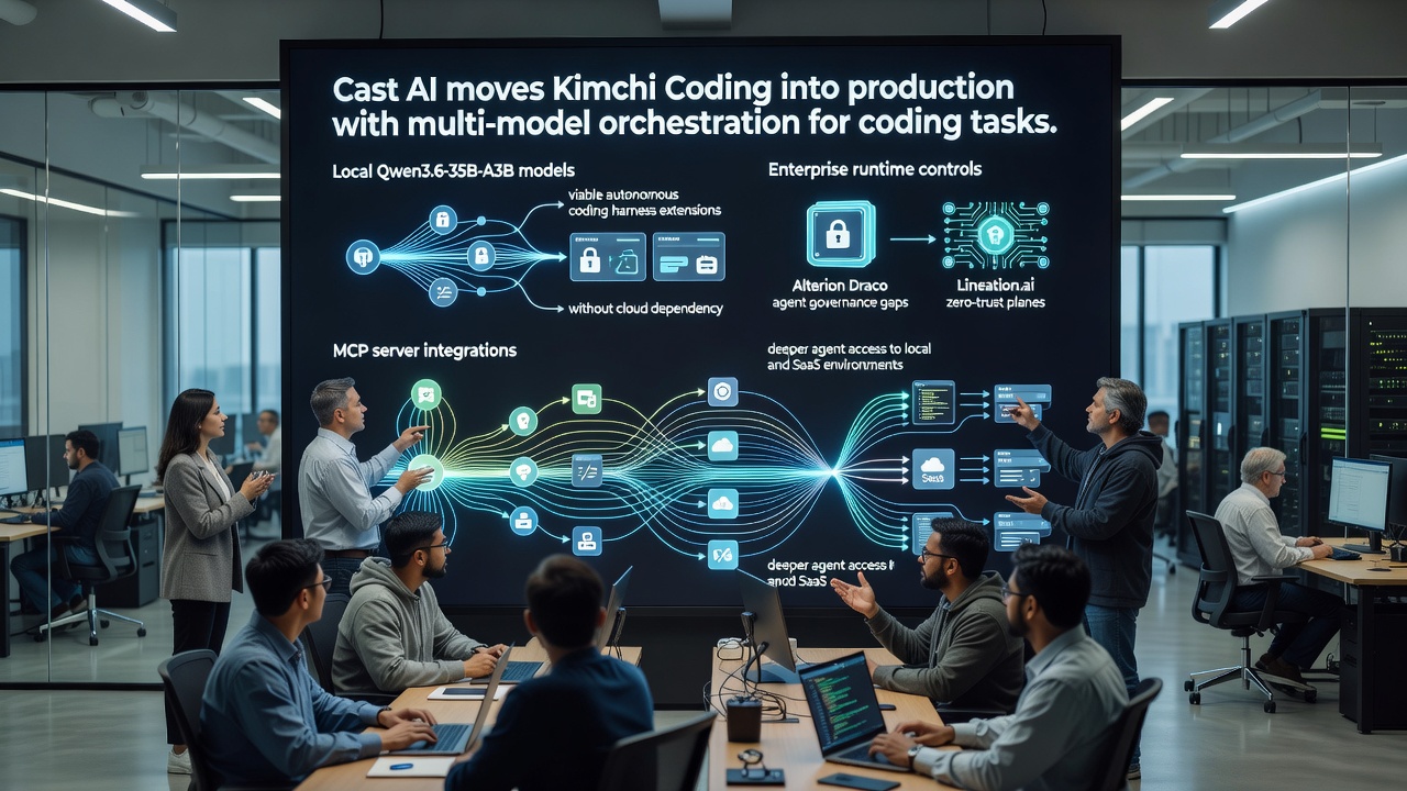 Abstract illustration showing agentic AI production hardening, including multi-model orchestration with Kimchi Coding, local Qwen3 models, enterprise runtime controls, and MCP server tool integrations.