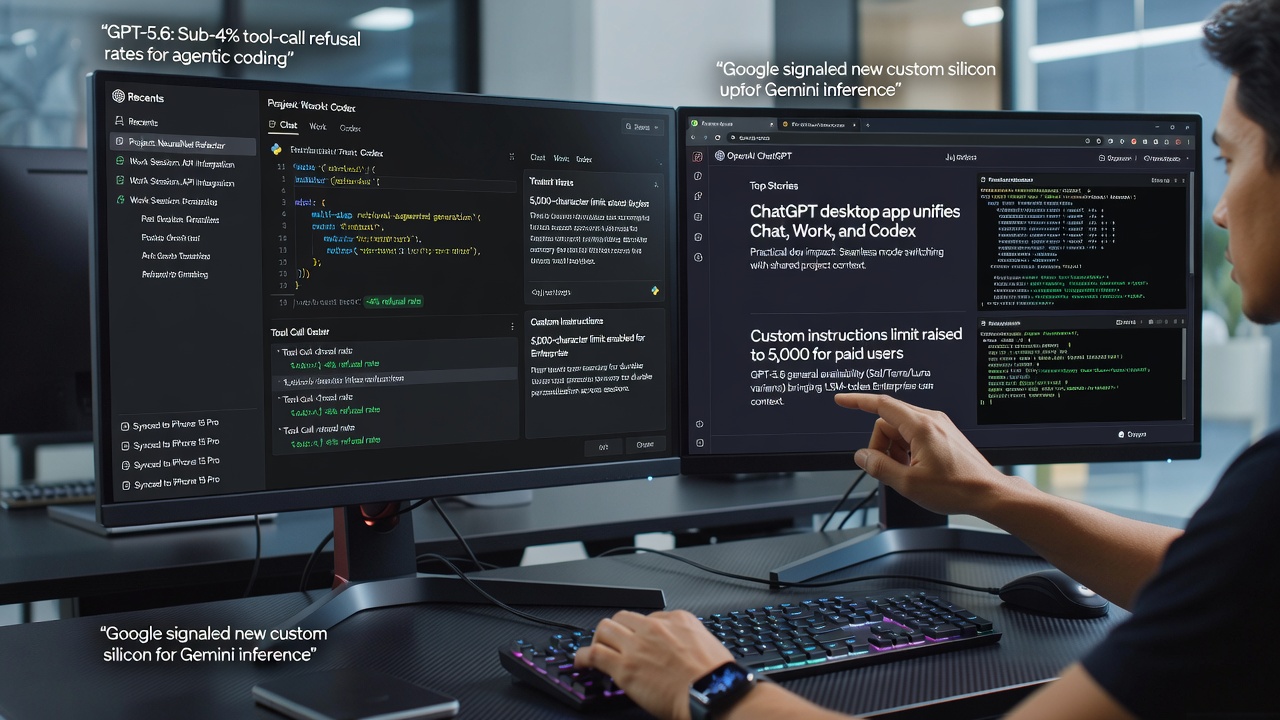 OpenAI ChatGPT desktop app redesign unifying Chat, Work, and Codex workflows with unified recents, alongside GPT-5.6 general availability featuring 1.5M-token context and improved agentic coding reliability.