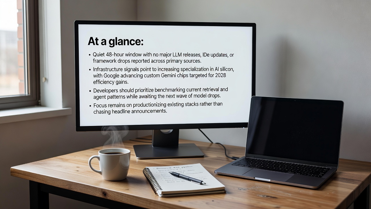 Google advances custom Gemini AI silicon roadmap targeting 2028 efficiency gains, as developers focus on productionizing existing stacks during a quiet period with no major LLM or tooling releases.