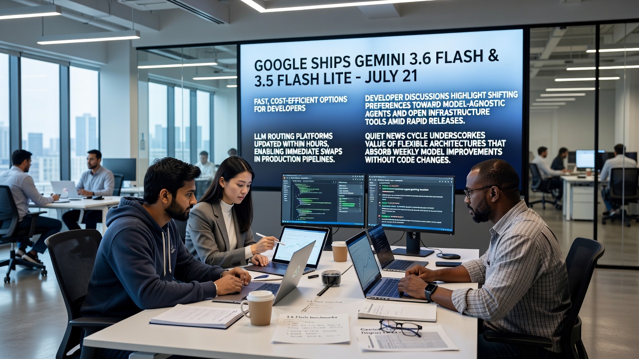 Gemini 3.6 Flash and 3.5 Flash Lite launch with instant LLM router support, enabling developers to swap models in production pipelines without code changes amid rapid AI releases.
