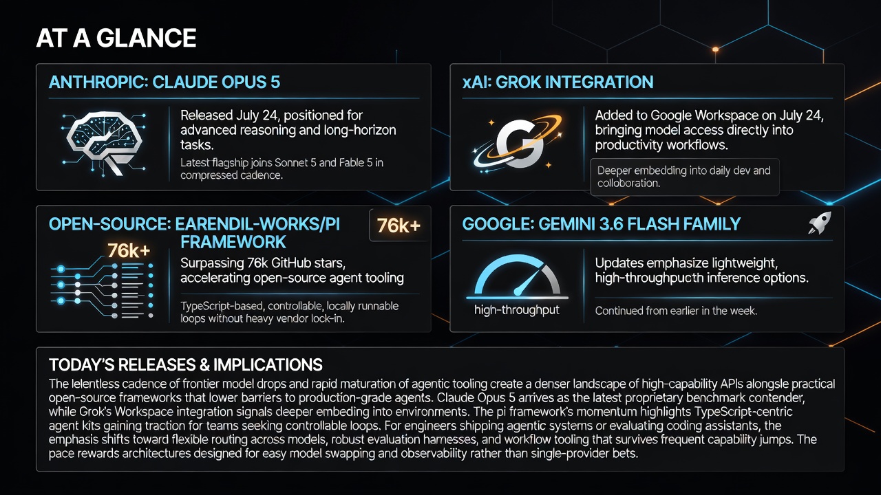 AI developer news highlights Claude Opus 5 release by Anthropic, xAI Grok integration in Google Workspace, pi open-source agent framework surpassing 76k GitHub stars, and Gemini 3.6 Flash updates on July 25 2026