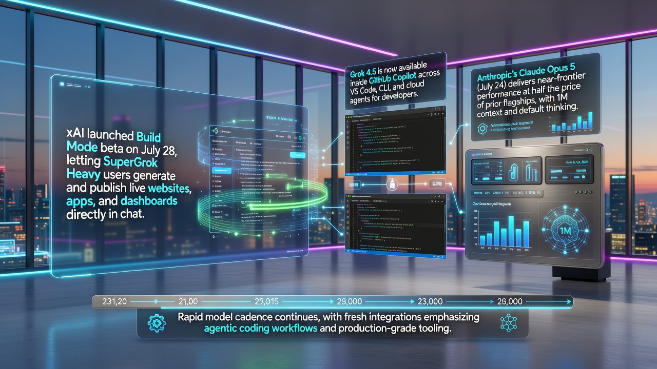 Hero image for AI developer news showing xAI Build Mode beta generating live apps with Grok 4.5 integrated into GitHub Copilot, alongside Claude Opus 5 release and agentic coding tools in 2026