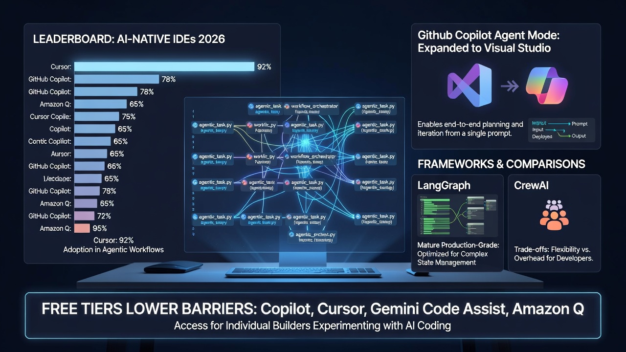 Cursor dominates 2026 AI IDEs with advanced agentic multi-file workflows, competing against GitHub Copilot in Visual Studio and frameworks such as LangGraph and CrewAI.
