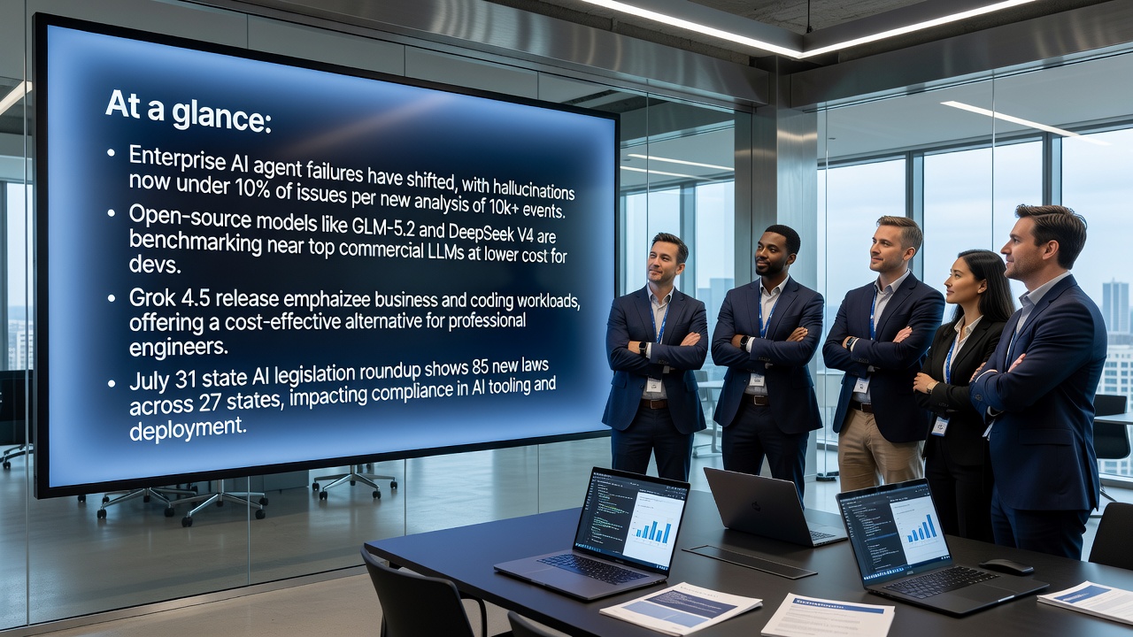 AI developers focus on agent deployment gaps as hallucinations drop below 10%, while open-source models and Grok 4.5 compete with frontier LLMs and states pass 85 new AI laws.