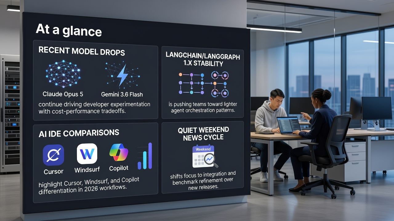 Developers evaluate cost-performance tradeoffs among Claude Opus 5, Gemini Flash variants, LangGraph 1.x frameworks, and AI IDEs like Cursor, Windsurf, and Copilot in 2026 workflows