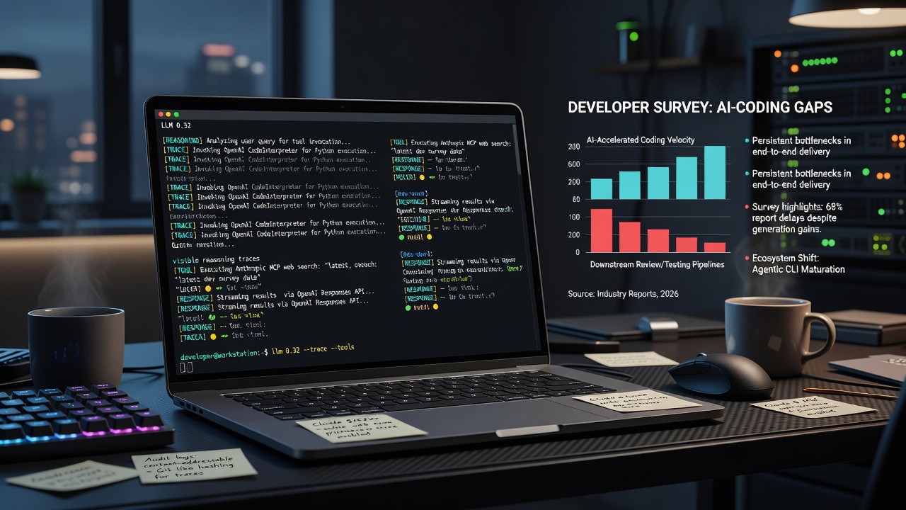 Terminal interface displaying LLM 0.32 features including visible reasoning traces, server-side tool execution with OpenAI and Anthropic models, and content-addressable logging for AI agent development.