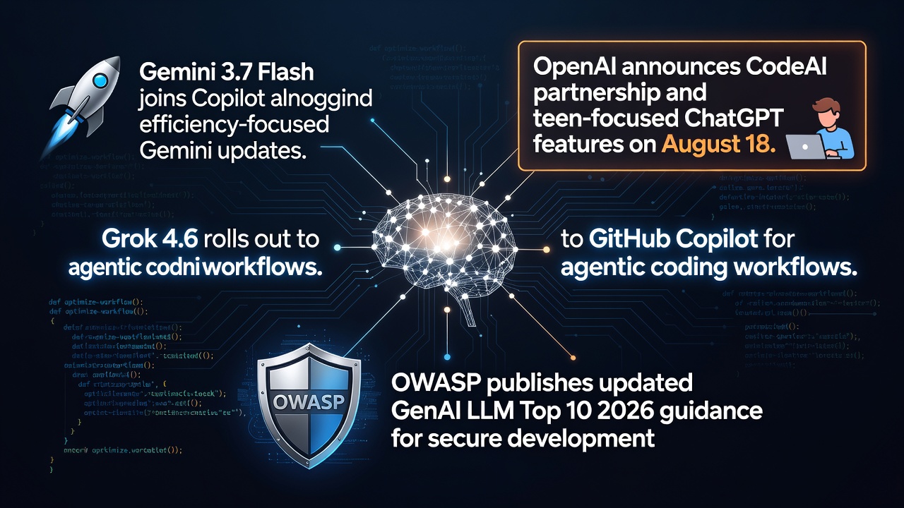 GitHub Copilot dashboard displaying Grok 4.6 and Gemini 3.7 Flash integrations for agentic coding with OWASP GenAI LLM Top 10 2026 security guidance highlighted