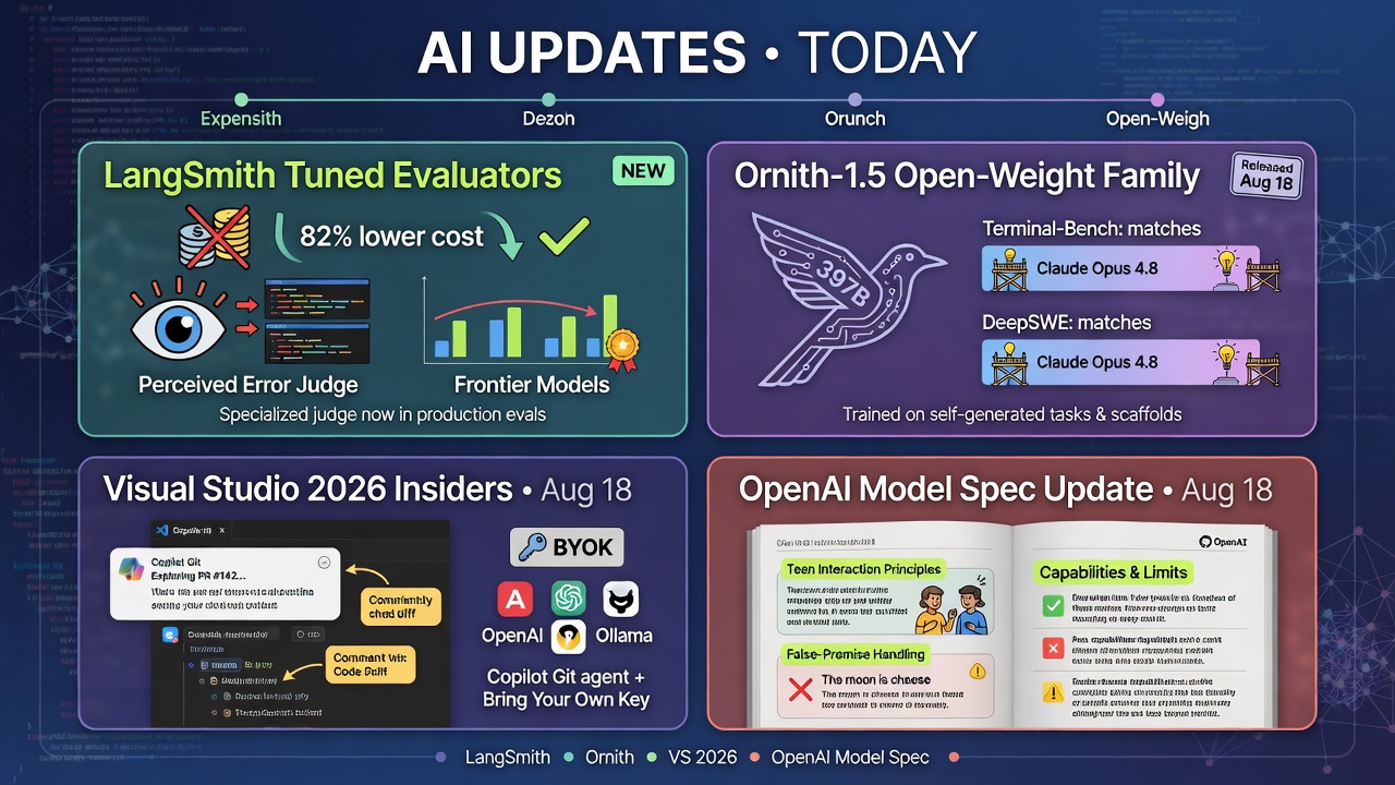 LangSmith Perceived Error judges cut eval costs 82 percent as Ornith-1.5 self-play models rival frontier agents and VS 2026 adds Copilot Git