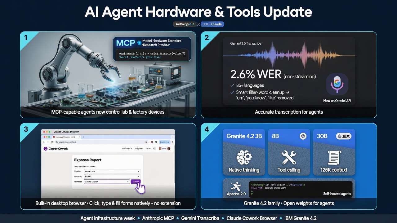 Four AI agent runtime updates: Anthropic Model Hardware Standard, Gemini 3.5 Transcribe, Claude Cowork browser, and IBM Granite 4.2