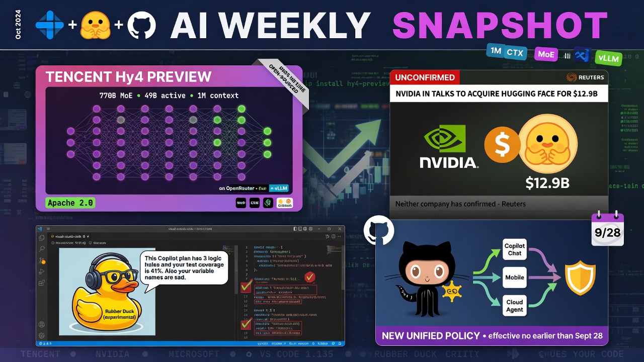 Tencent Hy4 open-source coding model, rumored Nvidia Hugging Face acquisition, and GitHub Copilot agent updates in one news cycle