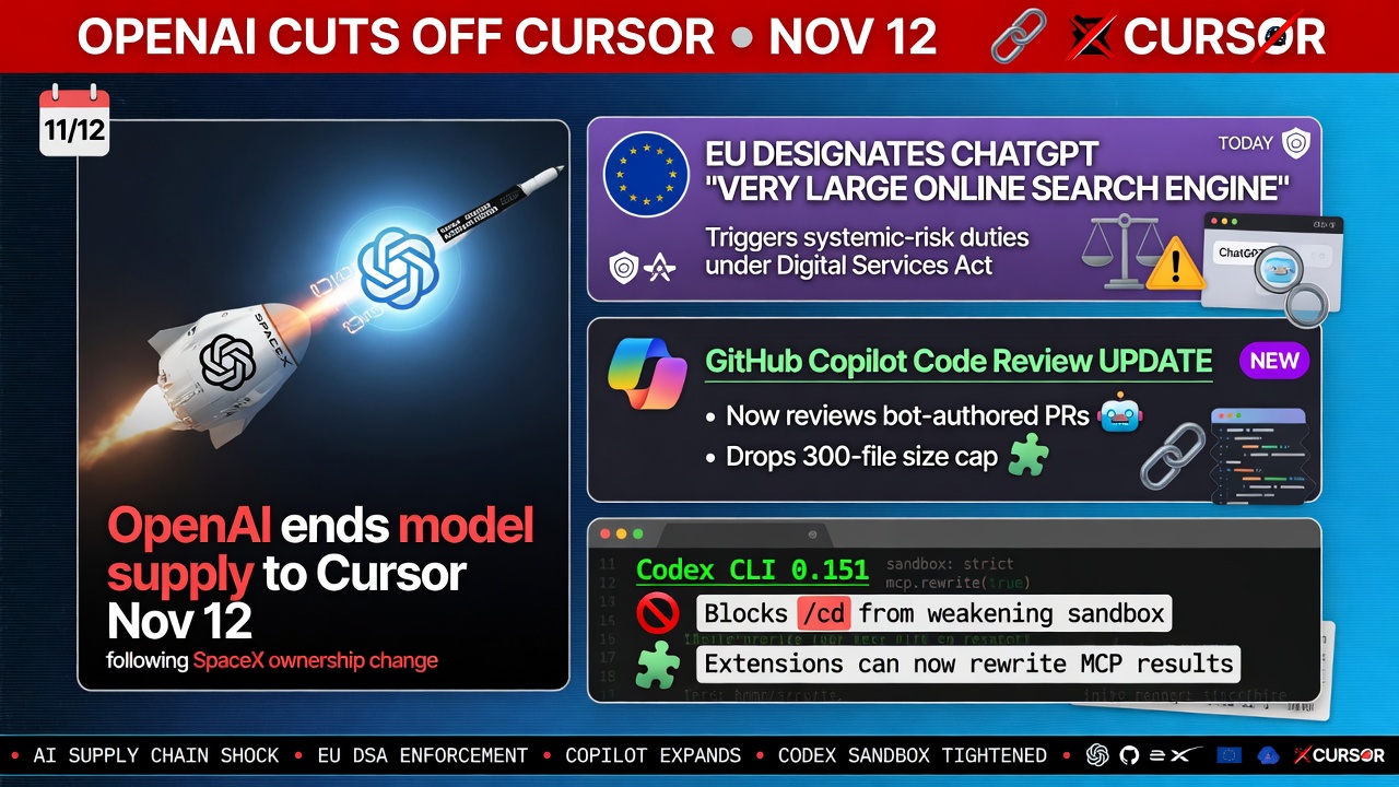 OpenAI cuts Cursor after SpaceX while GitHub Copilot, Codex CLI, and EU DSA search rules reshape agent coding workflows