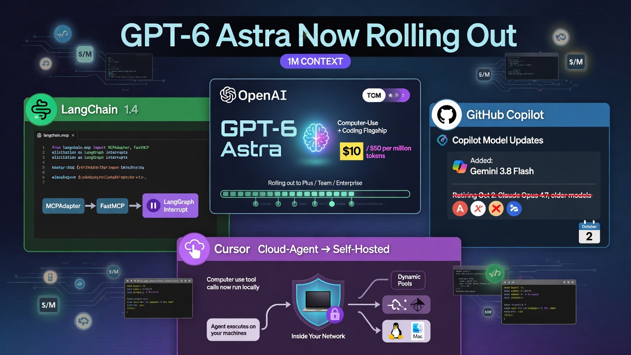 GPT-6 Astra computer-use, LangChain MCPAdapter, Copilot Gemini 3.8 Flash, and Cursor self-hosted machines reset the agent stack