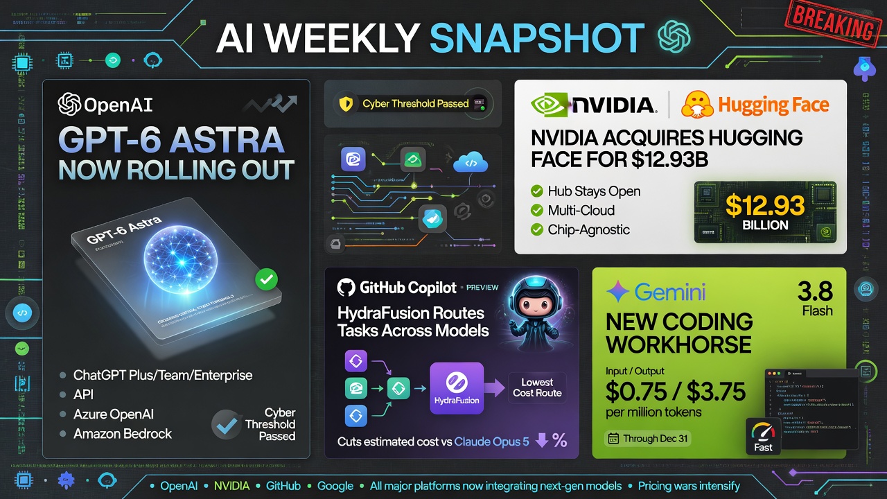 AI developer news covering GPT-6 Astra, NVIDIA's Hugging Face acquisition, Copilot HydraFusion routing, and Gemini 3.8 Flash