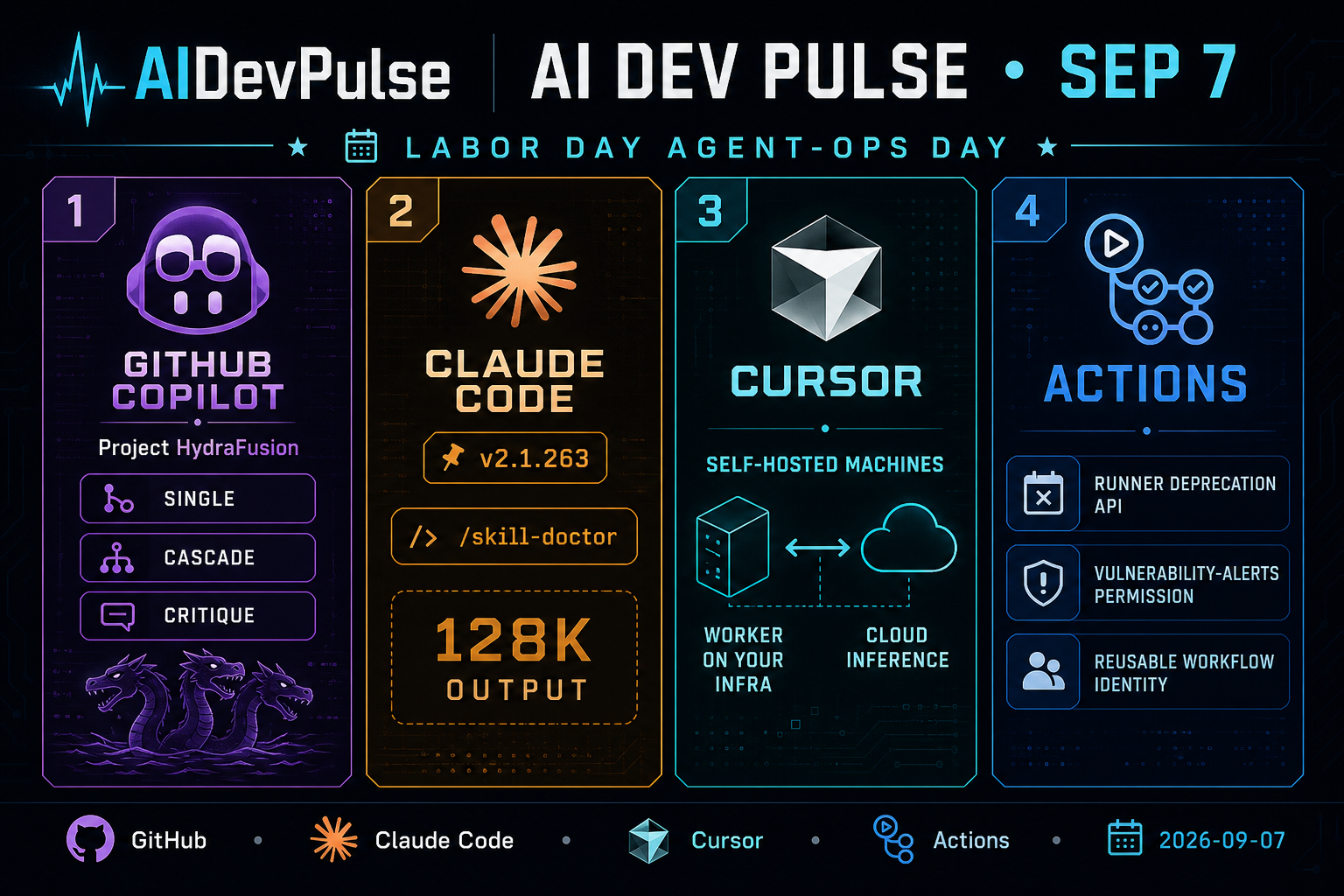 AI Dev Pulse 2026-09-07 hero: HydraFusion, Claude Code, Cursor Self-Hosted, Actions