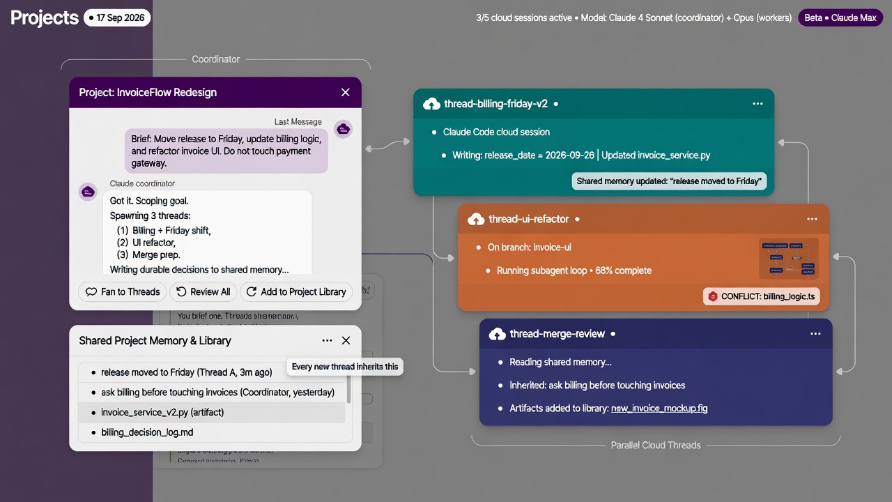 Claude Projects let one coordinator fan a single goal into parallel Claude Code cloud threads that share durable project memory