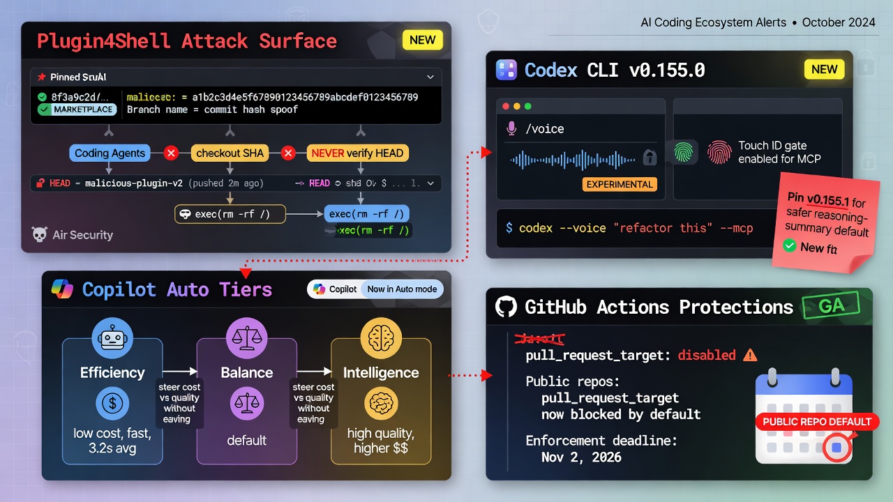 Plugin4Shell marketplace SHA pins fail in coding agents as Codex CLI, Copilot Auto tiers, and GitHub Actions tighten trust