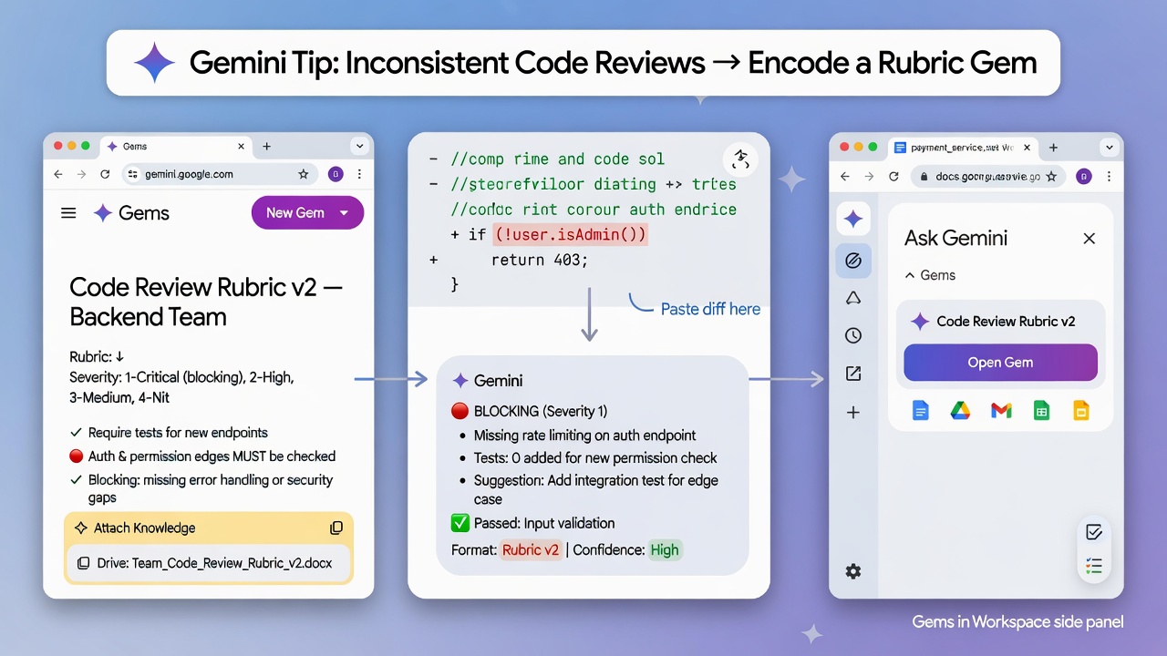Gemini Gems encode reusable code-review rubrics so teams apply consistent severity rules and formats across Google Workspace apps