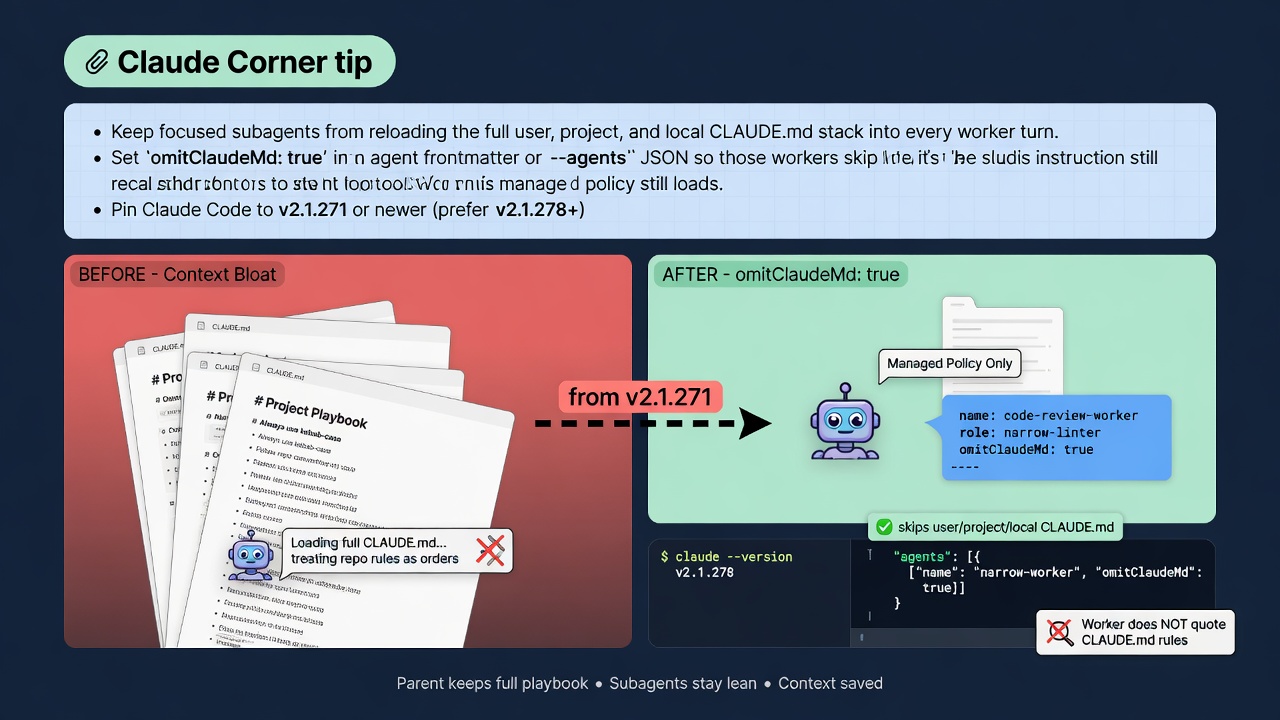 Claude Code v2.1.271 adds omitClaudeMd so focused subagents skip user, project, and local CLAUDE.md while managed policy still loads
