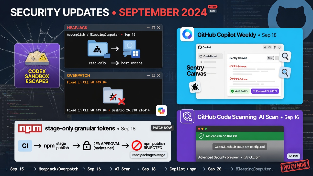 Codex sandbox escapes Heapjack and Overpatch force version pins as npm adds stage-only tokens and Copilot ships a Sentry crash-to-PR canvas