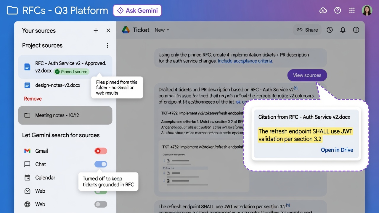 Ask Gemini in Google Drive pins an RFC as a source so implementation tickets and pull request descriptions cite the approved specification.