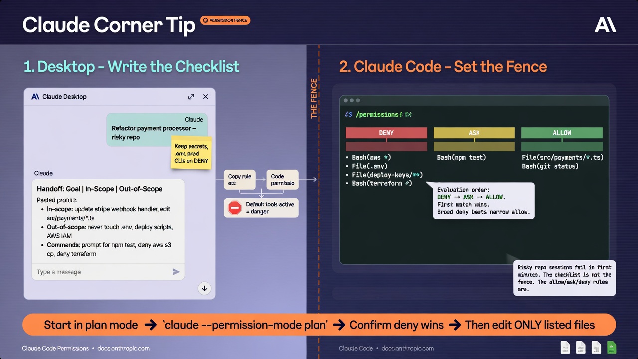 Developer sets Claude Code deny, ask, and allow permission rules in plan mode before the first edit of a risky repository session