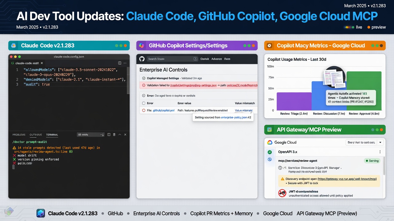 Controls for pinning Claude Code model versions, validating GitHub Copilot enterprise settings, and serving MCP on Google Cloud.
