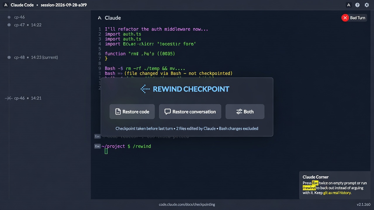 Claude Code rewind checkpoints restore conversation and file edits, but Bash commands and most subagent changes stay outside the snapshot.