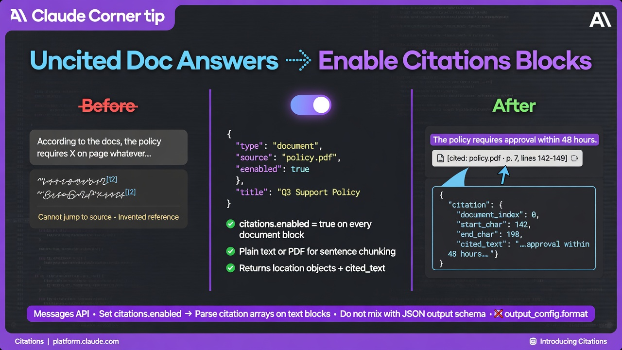 Claude Corner tip hero: enable citations on document blocks for structured source locations