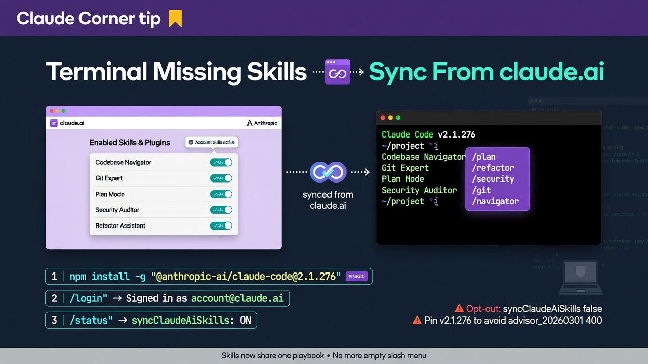 Claude Corner tip hero: sync skills from claude.ai into terminal Claude Code