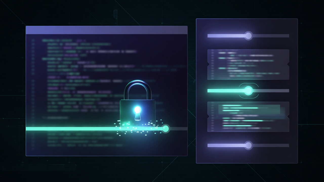 Dark terminal with a glowing padlock on the input line and a teal code-review depth slider, illustrating AI developer security and review controls.