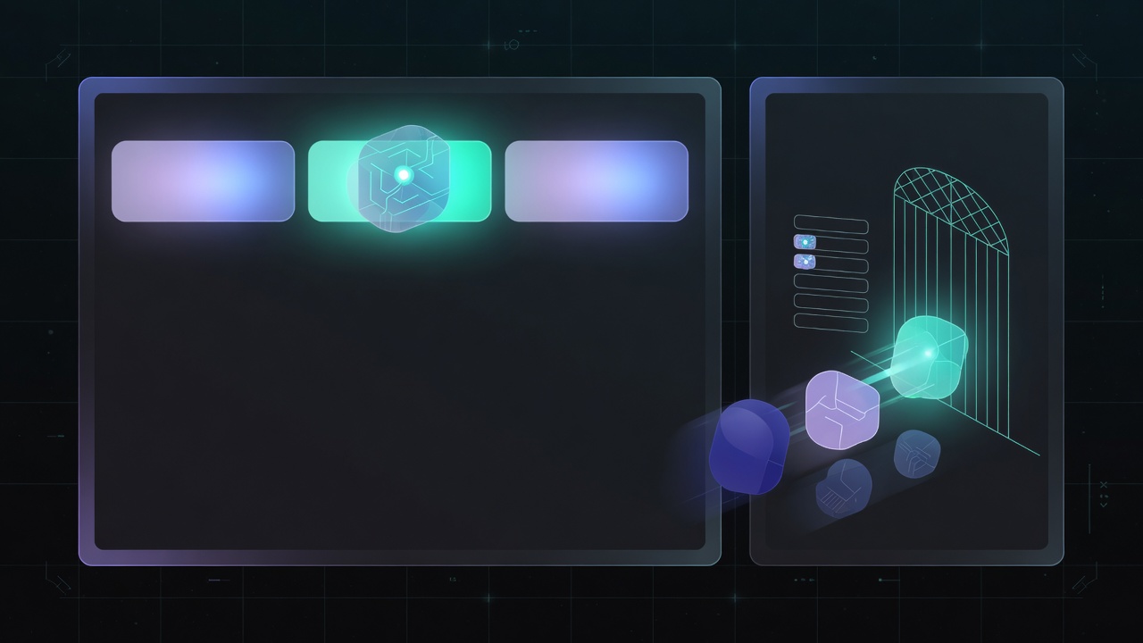 Dark editor scene shows a teal-lit model tile chosen on purpose beside a thin gate that lets only allowed providers through.