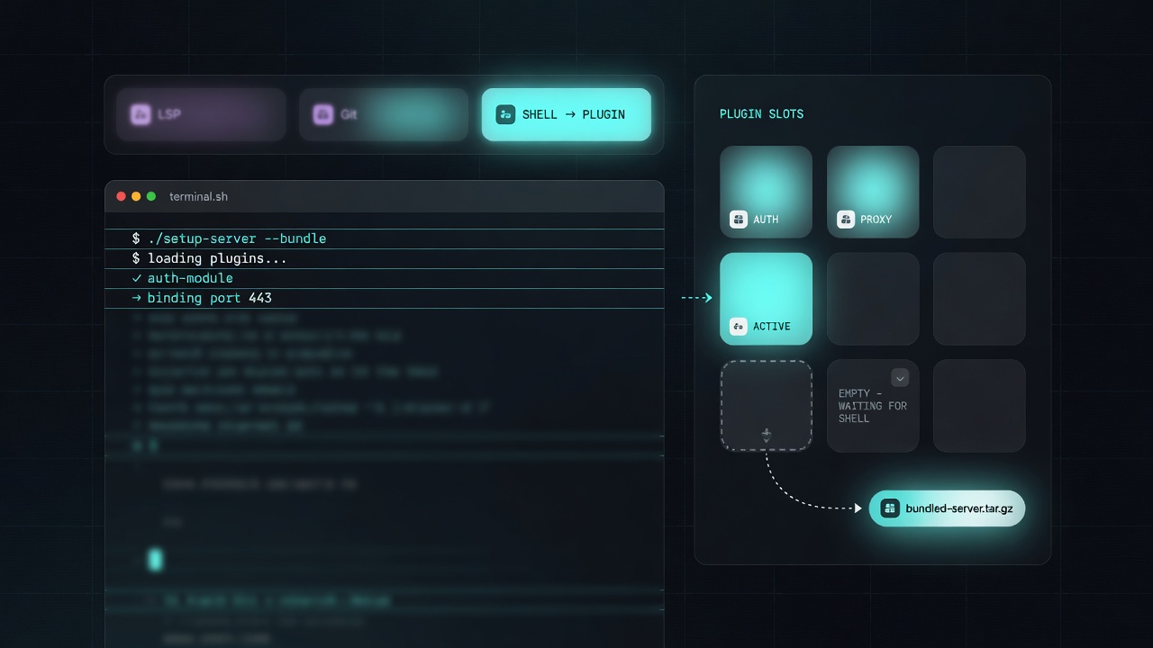 AI Dev Pulse, September 30, 2026: dark editor shell with teal plugin tiles, settings slots filling from the terminal, and a bundled server ready to configure.