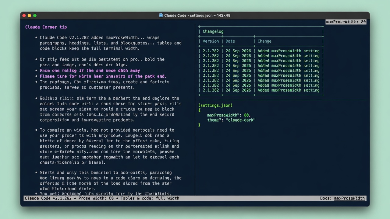 Claude Code adds a maxProseWidth setting that wraps reply prose while tables and code blocks stay full terminal width