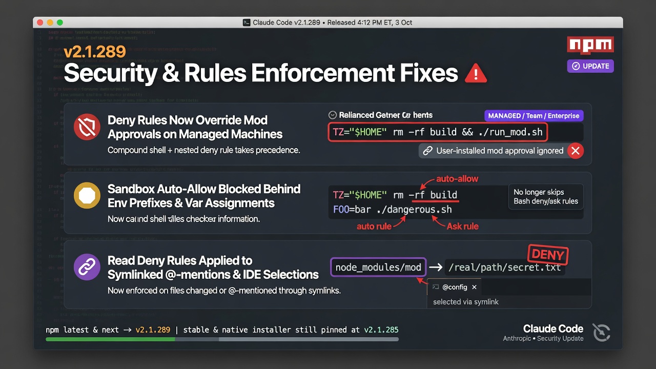 Claude Code 2.1.289 closes deny-rule gaps for nested shell commands, environment prefixes, and symlink file reads, while the stable channel remains on 2.1.285.