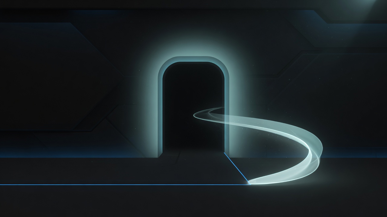 Abstract AIDevPulse hero illustration: a dark rounded doorway with a softly glowing teal frame and a thin blue line stopping at its threshold.
