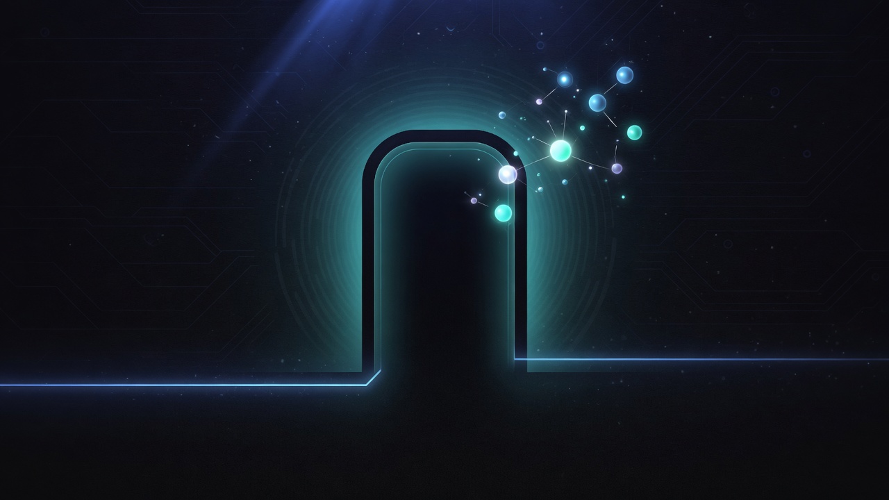 Abstract AIDevPulse hero illustration: a dark rounded doorway with a softly glowing teal frame and a thin blue line stopping at its threshold.