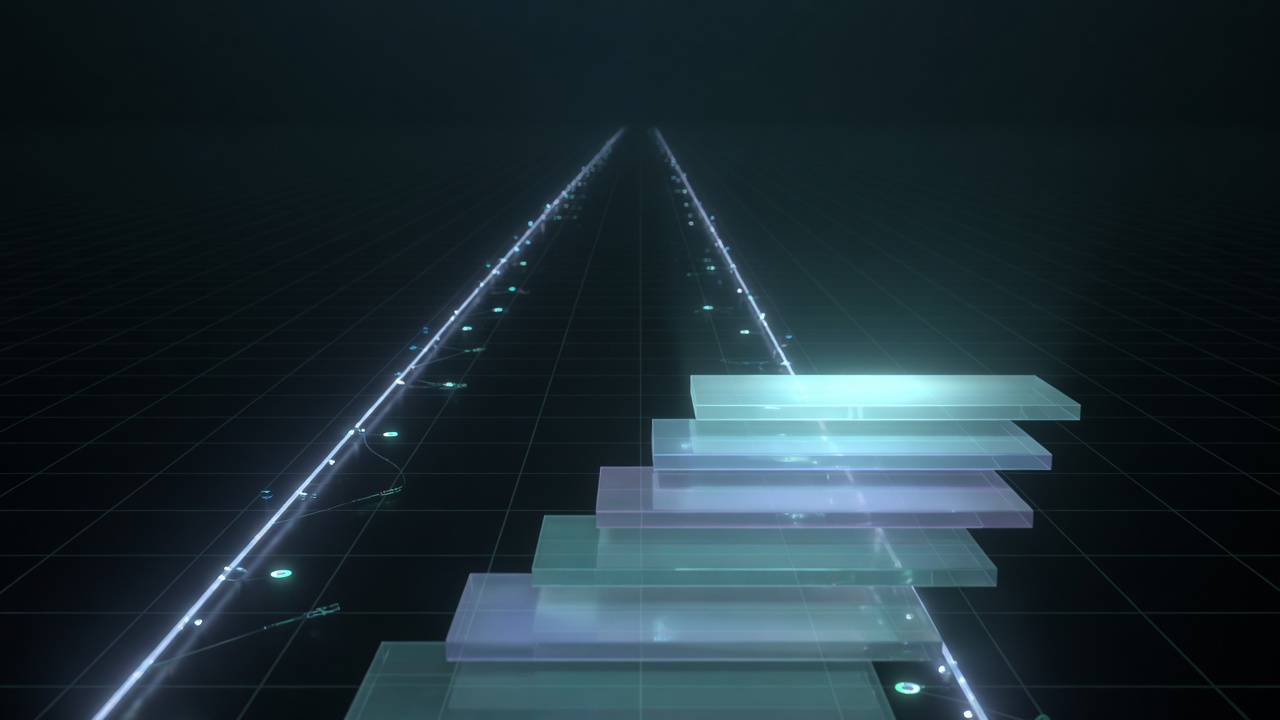 Abstract AIDevPulse hero illustration: two faint tracks of light running toward the horizon over a dark grid, joined by small glowing nodes.