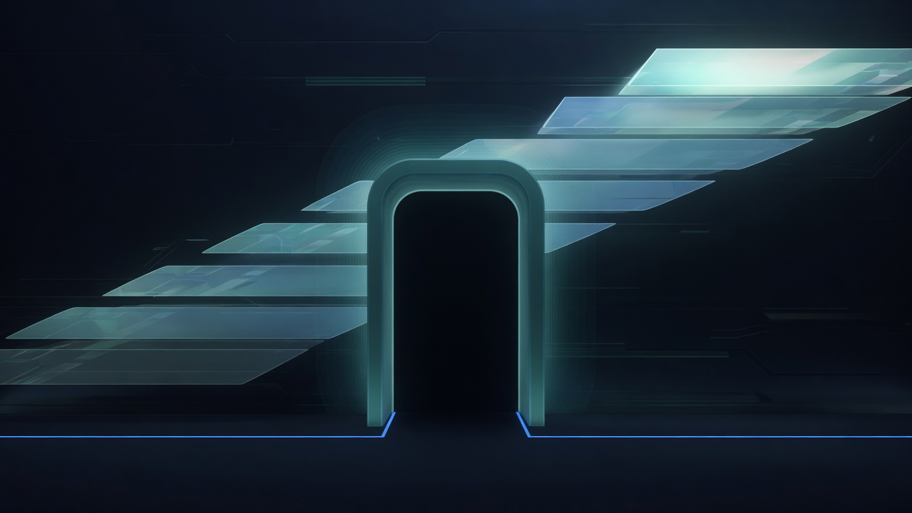 Abstract AIDevPulse hero illustration: a dark rounded doorway with a softly glowing teal frame and a thin blue line stopping at its threshold.