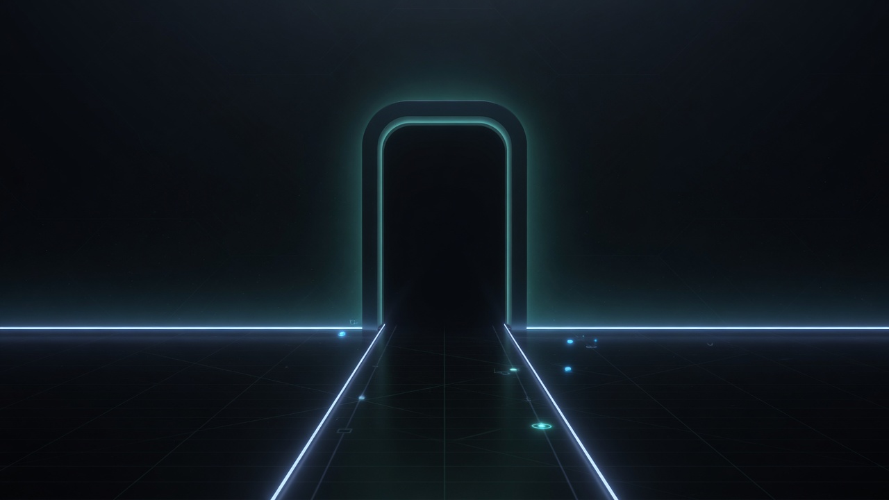 Abstract AIDevPulse hero: a dark doorway with a softly glowing teal frame at the end of a lit path on a grid floor.