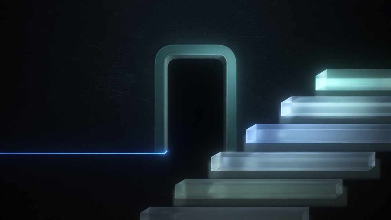 Abstract AIDevPulse hero: a teal-framed dark doorway beside translucent glass steps and a thin blue line of light.