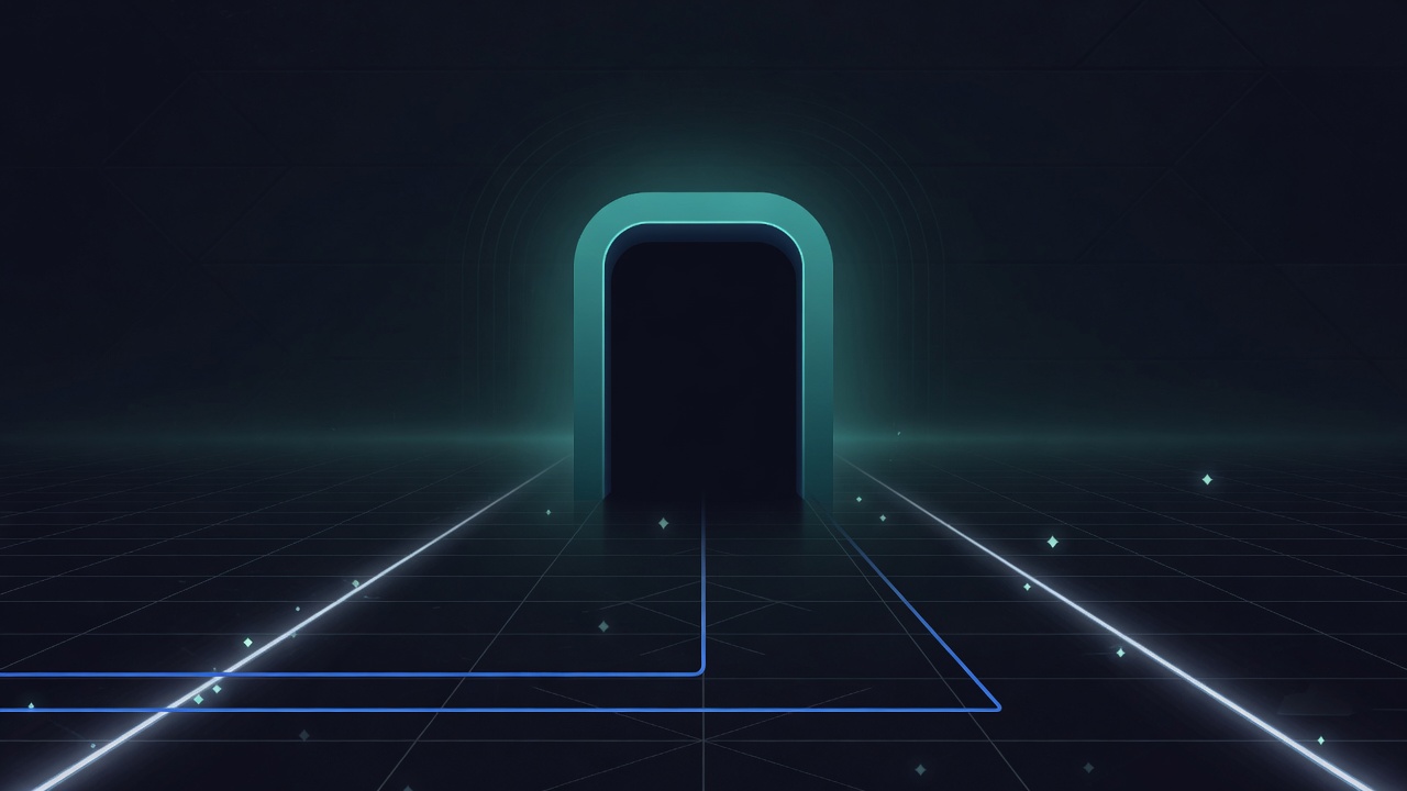 Abstract AIDevPulse hero: a glowing teal archway over a dark grid floor, with blue light lines and small sparkles.