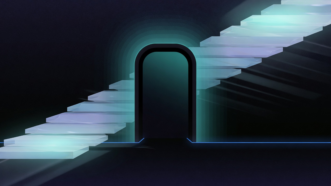 Abstract AIDevPulse hero: a glowing teal archway with translucent glass stairs rising on both sides of it.